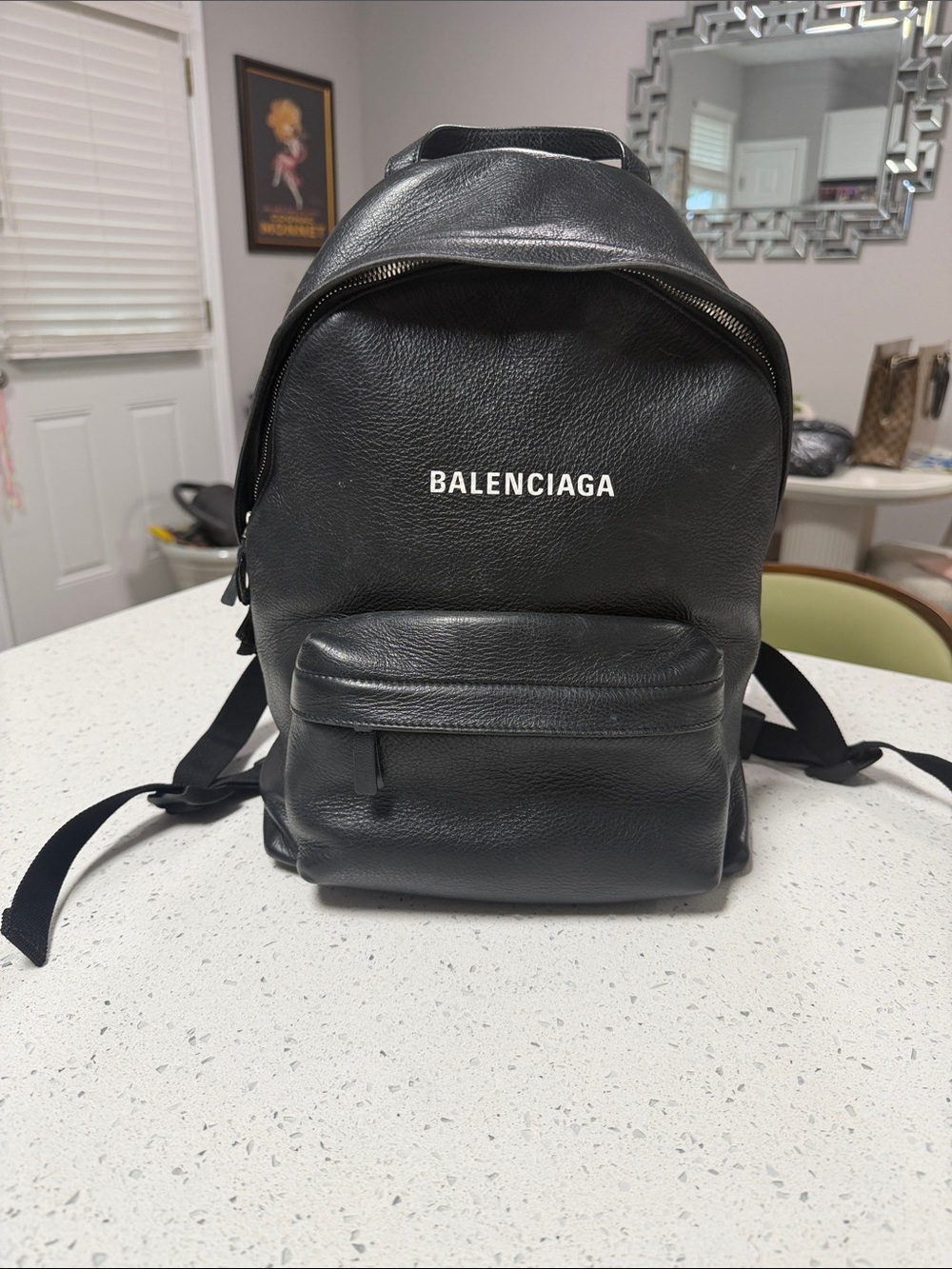 Balenciaga Black Pebbled Leather Backpack with Front Pocket